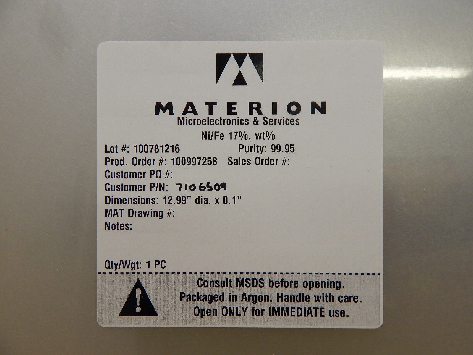 Materion Microelectronics 7106509 Ni/Fe 17% wt% Target New Surplus